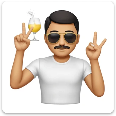 3D apple-style emoji of a stylish man performing the iconic Salt Bae pose, wearing sunglasses, short-sleeved white t-shirt, black pants, sprinkling salt from raised fingers over bent elbow, smooth yellow emoji skin, triangle-shaped eyes, confident smirk, white background, soft shadows, glossy finish sticker
