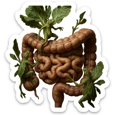 Ultra-realistic 4K illustration: stylized lettuce leaves depicted as plant-like creatures interacting with a human anatomical model of the intestine. The scene is surreal and scientific, with organic textures, refined biological details, dramatic lighting, and a bio-fantasy photorealistic style sticker