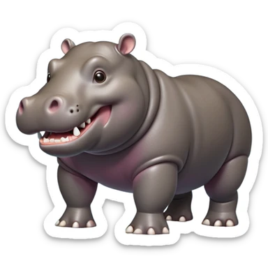 cinematic-hippo-realistic-full-body side view-standing on all fours-emoji,-massive-round-frame,-wide-mouthed-grin-exposing-huge-teeth,-head-tilted-dramatically,-thick-greyish-brown-hide-glossy-from-water,-simplified-yet-realistic-focused-features,-highly-detailed,-glowing-with-an-almost-sarcastic-glow showing only 4 theeth sticker
