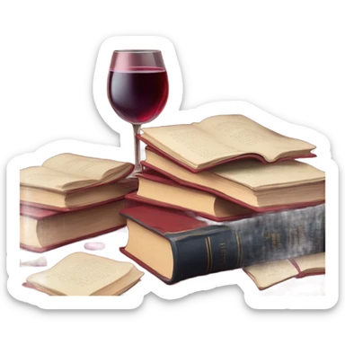 A deep red pile of books with classic dahlias and a spilled wine glass sticker
