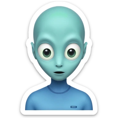 Portrait of an alien with smooth greenish-blue skin, large black oval eyes, small nose, and no visible ears, elongated head, front-facing, wearing t-shirt, soft glow, simple futuristic design sticker