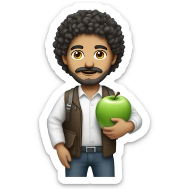 no glasses, Mexican school IT technician with apple laptop and with curly hair and mustache and beard  sticker
