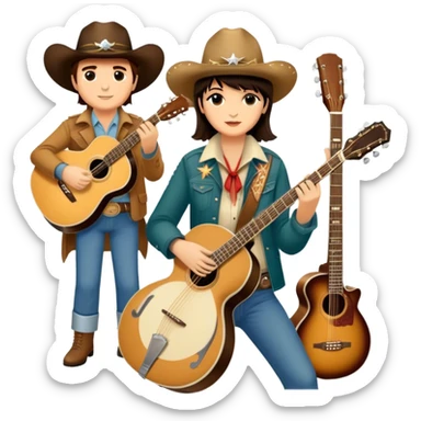 Icon for Country Music: A collage featuring Eagles as a band, Ricky Nelson, and Linda Ronstadt. Acoustic guitars, banjo, cowboy hats and a vintage Americana aesthetic evoke the spirit of classic country and country rock. Warm earthy tones. Transparent background. sticker