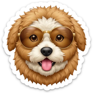 Create a small fur  circle mini golden doodle dog with brown eyes tan fur emoji  sticking its tongue out with sunglasses on sticker