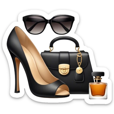 A photorealistic icon featuring stylish fashion accessories like high heels, a designer handbag, sunglasses, and a perfume bottle, arranged elegantly. Soft, luxurious colors with detailed textures and lighting that convey beauty and style. Transparent background, symbolizing fashion and beauty. sticker