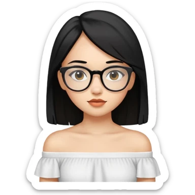 A light skinned girl with straight black hair on shoulder length wearing a white off shoulder and glasses sticker