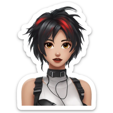 Gorgeous shiny techwear anime style lady with blushing face aesthetic and pretty edgy black red punk messy hair with collar and harness trending style sticker