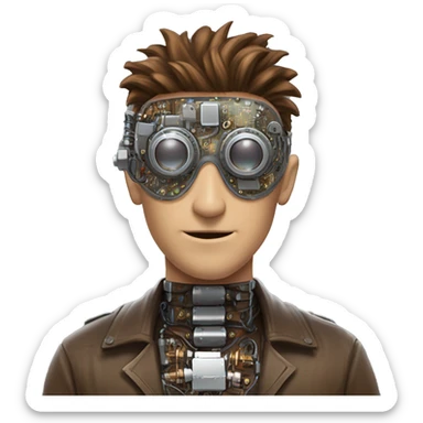 male cyborg head with brown shirt hair, brown beard, silver steampunk goggles and circuits sticker