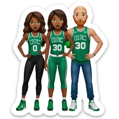 in love. one black woman and one white man: 48-year-old black woman with brown eyes, long dark brown balayage hair dressed in sexy 
celtics jersey costume outfit and stilettos with bald white man with ginger beard, and blue eyes, and a Jason Tatum Boston Celtics Jersey, jeans and Nike sneakers  sticker