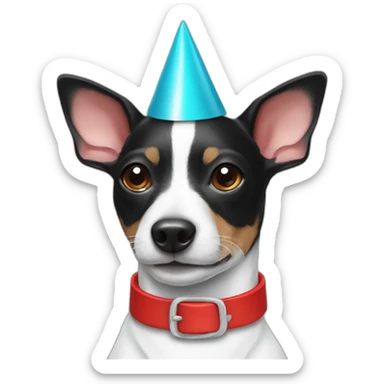 black and white rat terrier wearing red collar and party hat sticker