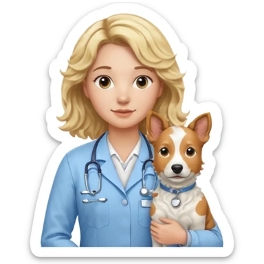 Joven mujer, de cabello bajo los hombros rubio con ondas, veterinaria de perros, vacas y caballos, con traje clínico celeste, sin delantal sticker