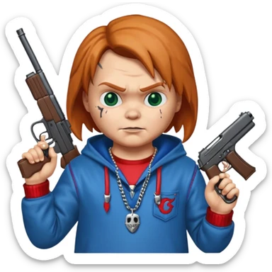 Chuky con pistola encapuchado y con collares sticker