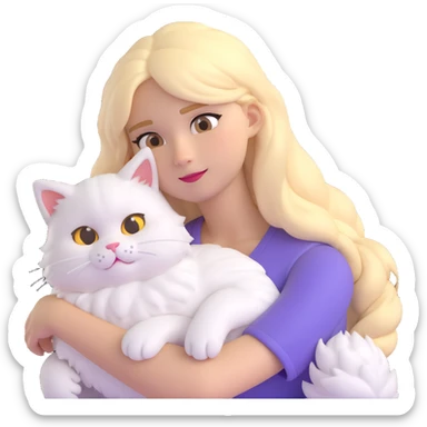 girl with long blonde hair, white fluffy cat resting on her left shoulder and neck, emoji for Discord and Slack sticker