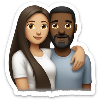 light skin woman with very long straight brown hair hugging black man with very short dark hair and a long dark beard wearing a white tshirt sticker