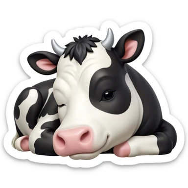 Meme-Worthy Cute Sleeping Black and White Cow Portrait Emoji, Head resting peacefully with a contented smile, showcasing a robust build and a luxuriously soft contrasting coat of black and white, eyes shut in a serene, restful nap, Simplified yet hilariously adorable features, highly detailed, glowing with a soft, drowsy light, high shine, relaxed and utterly lovable, stylized with an air of playful laziness, bright and heartwarming, soft glowing outline, capturing the essence of a comically sleepy cow, so meme-worthy it feels like it could instantly become the next viral sensation of adorable slumber! sticker