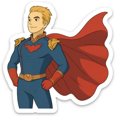 ghibli style Homelander with cape flowing, no background sticker
