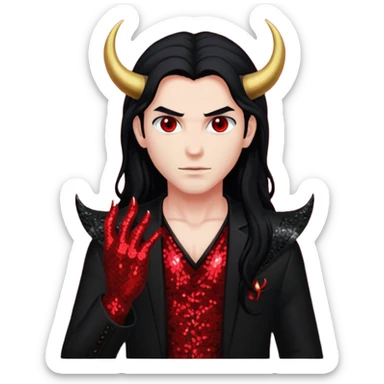 Lucifer from The Bible with red skin, long black hair, black sequin outfit sticker