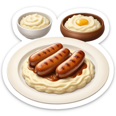 Cinematic Realistic Bangers and Mash Dish Emoji, featuring succulent pork sausages paired with creamy mashed potatoes rendered with detailed textures and natural highlights that emphasize its robust, hearty flavor. sticker