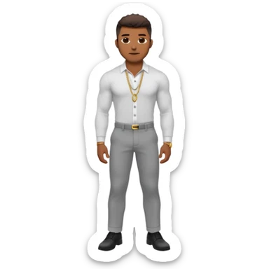 Handsome Black guy with brown skin tone, with lean muscular build, wearing gray slacks, a long sleeved white button up top, black shoes, and a small gold chain sticker