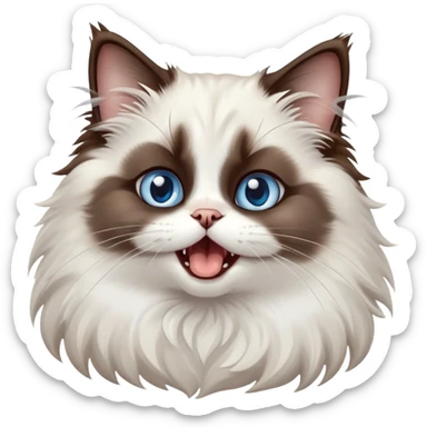 cinematic-adorable-big-eyed-fluffy-dark brown and white ragdoll-cat-portrait-emoji,-head-tilted-playfully-with-a-cute,-yawn,-soft-brown-and white-colored-fur-with-darker-points-on-the-ears,-simplified-yet-irresistibly-cute-features, sparkling blue eyes sticker