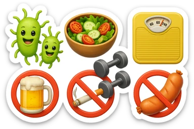 emoji stile iphone di: due batteri intestinali felici, una bowl di insalata, una bilancia pesapersone, manubri da palestra, e un boccale di birra con divieto 3d sopra, una sigaretta con divieto 3d sopra e un wurstel con divieto 3d sopra, fluttuano in aria, iperrealistico 4k sticker