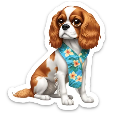 A cavalier King Charles spaniel with a lazy eye wearing a Hawaiian shirt sticker