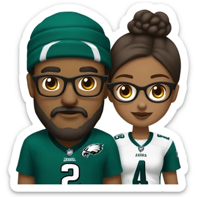 Brown guy with beard and mustache holding hands with a brown girl wearing glasses and hair in a bun in Philadelphia eagles clothing  sticker