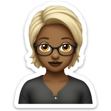 Une fille de 11 ans avec des cheveux marron et de petit mèches blonde dans les cheveux qui se vois presque pas des lunettes noir et une tache de naissance en dessous de sa lèvre  sticker