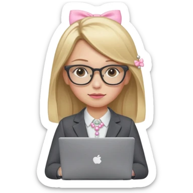 Please take the girl with laptop emoji and make her glassess light brown and her nose a bit smaller and pointier and she has blonde long hair and a dark grey suit and pearls, and has a laptop in fron of her and a tiny pink bow on the left side of her head sticker