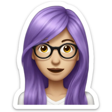 woman with long purple hair and oval glasses, pale skin, sticking out tongue and teasing sticker