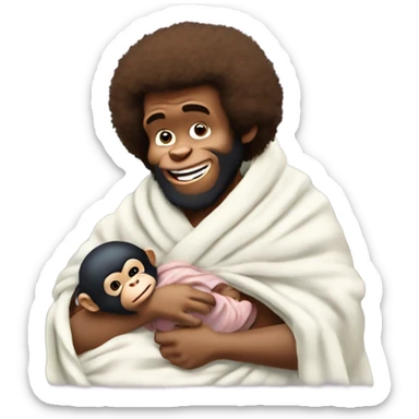 Human Bob Ross bottle feeding a new born baby chimpanzee wrapped in a blanket sticker
