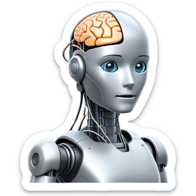 An icon featuring a humanoid robot, a neural network diagram, and a glowing brain, symbolizing artificial intelligence. The design includes binary code, a microchip, and data flow lines, representing machine learning, automation, and innovation. Transparent background sticker