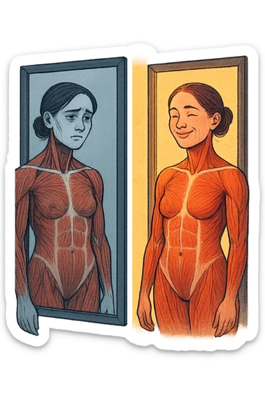 prima parte mostra donna con espressione triste che si guarda allo specchio, anatomia realistica, seconda parte la stessa donna che sorride accettando se stessa, stessa fisicità ma atteggiamento trasformato, illuminazione che passa da fredda a calda, metafora visiva dell'auto-accettazione, stile artistico contemporaneo sticker