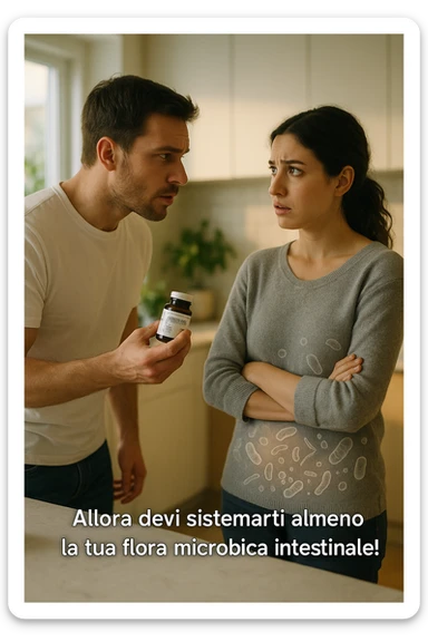 A hyper-realistic, cinematic photo of a young couple in their early 30s having a tense but calmer discussion in a bright modern kitchen. The man, fit, wearing a plain white T-shirt, holds a small probiotic supplement bottle in one hand, leaning slightly forward with a concerned yet firm expression, saying: 'Allora devi sistemarti almeno la tua flora microbica intestinale!' The woman, with dark hair in a loose ponytail, wearing a comfortable home sweater, stands with arms partially crossed, looking at him with a doubtful and confused expression, eyebrows slightly raised, lips parted as if about to respond but uncertain. Around them, faint translucent overlays of microscopic gut flora and bacteria symbols swirl softly near the woman’s abdomen, symbolizing the issue of her imbalanced gut microbiome. The kitchen is bathed in warm natural light, with green plants adding a sense of health and life, while the couple remains in sharp focus. The color palette is warm, with soft shadows and shallow depth of field highlighting the emotional tension yet care in the conversation, visually representing the discussion about gut health within the relationship sticker