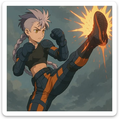maiden, mohawk, long braid white hair with lavender and tips long messy bangs one side, gold yellow eyes, black crop top, with both fighting gloves up in defensive ready pose, delivering a lightning quick vertical upwards front kick with volcanic force, full defensive padding, TCTF operative, orange and dark dark blue + gray attire sticker