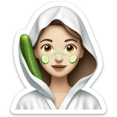 White girl with Brown hair and blue eyes wears a Green colored skincare clay textured mask and puts on cucumbers around her eyes while She relaxes in her white Robe sticker