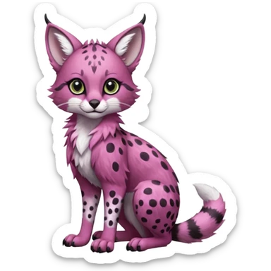Cute kawaii cool edgy badass  soft magenta fur with pearly-white polka dots and subtle shimmer  fantasy-caracal-civet-genet-sergal-vernid-Gryphon-Cacomistle-Trico-oncilla-animal-Fakémon-hybrid-fursona (full body), facial markings, (realism style) sticker