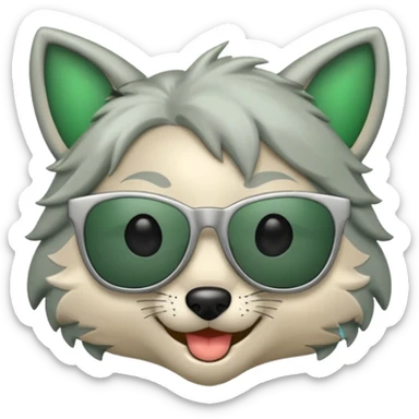 Roxanne Wolf emoji with sunglasses, playful grin, silver and green color scheme sticker