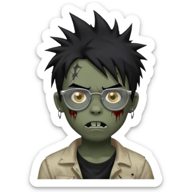 Boy, zombie, black hair, medium long, spiky hair, emo, shaggy, dark, spooky, creepy expression emoji, add transparent glasses, a risk on the eyebrow, some tattos sticker