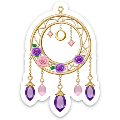 Epic beautiful gorgeous cute gold suncatcher, threads with shiny sparkly amethyst and rose-quartz gemstones, flowers, crescents-moons sticker