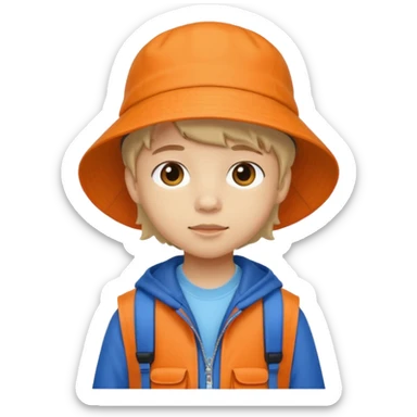 A little student with beige bucket hat, orange jacket, blue backpack sticker