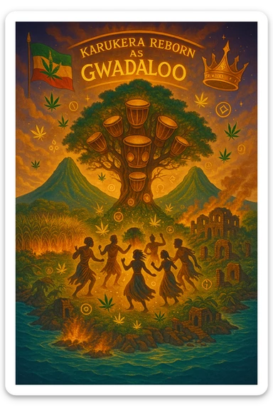 Create a powerful, surreal vision of the Caribbean island Guadeloupe, reimagined as ‘Guadeloupe' — its sacred, sovereign identity restored. The island is lush, tropical, and volcanic, with two green volcanoes glowing golden at the peaks. In the center stands a giant mystical Drum Tree, its branches bearing carved drums instead of fruit, glowing with rhythmic light. Ancestral spirits of African and indigenous lineage dance in a circle around the tree, surrounded by floating ganja leaves and sacred symbols. Sugarcane fields burn gently in the background, symbolizing the end of colonial suffering. Ruins of colonial buildings crumble into the earth, reclaimed by vines and jungle. Above the island, a glowing banner in the sky reads: ‘Karukera reborn as Gwadaloo.’ A ganja-leaf flag waves high in red, green, and gold, and a golden Creole crown floats in the sky above the island — not worn by any man, but held in rhythm. The ocean is turquoise, the light is divine, and the entire scene radiates spiritual victory, cultural remembrance, and cosmic rhythm. Use a warm, cinematic palette of golds, greens, blues, and purples. Style should feel epic, sacred, and symbolic — a rebirth of Caribbean power. sticker