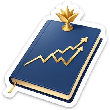 A navy blue productivity book with gold details, chart with upward trend aura, radiating productivity, strategy, and success in motion- sticker