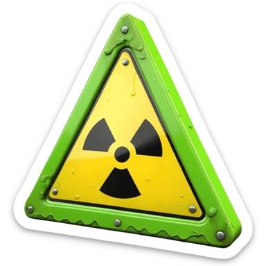 3D render of Warning Triangle, toxic waste aesthetic, neon green bubbling liquid, caution yellow metal, industrial warning texture. sticker