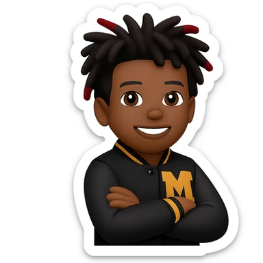 Create a male African American emoji with the hairstyle and features from the reference photo, wearing a letterman jacket with an M on it, arms crossed and smiling. No background. sticker