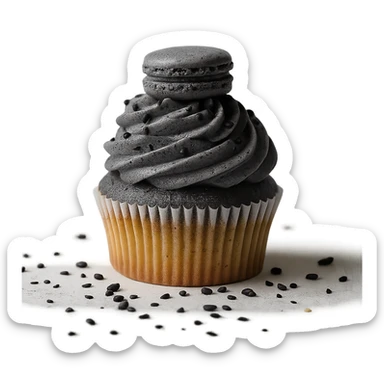 Change the icing to black sesame: dark gray, slightly glossy, speckled with black sesame seeds. Keep the realistic cupcake and accessories in photorealistic style with transparent background. sticker