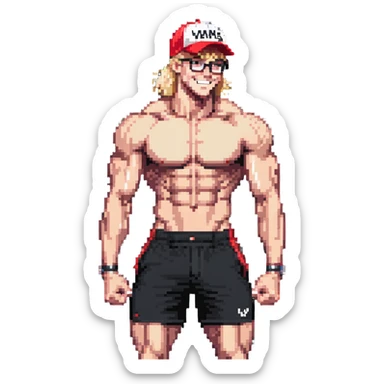 Skinny man with muscular definition, black and white cap with VANOMAS text, bare torso, red shorts, clear glasses, messy light blond hair, flexing muscles and smiling sticker