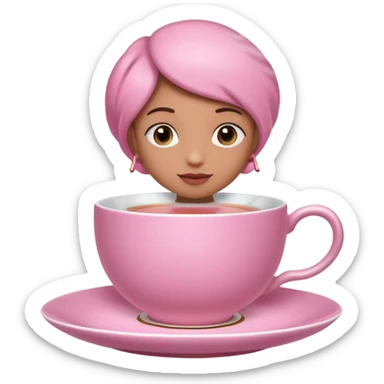 A pink teacup filled with tea, placed on a matching pink saucer, with gentle steam rising from the cup. Soft lighting, cozy and warm atmosphere sticker