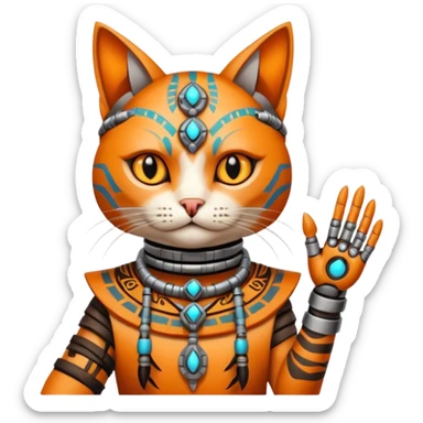 cat, wear tribal shaman cloth, hand cyberborg sticker