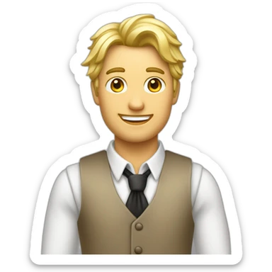 Homme blond décoiffé avec un jabot un gilet de costume et une chemise sticker